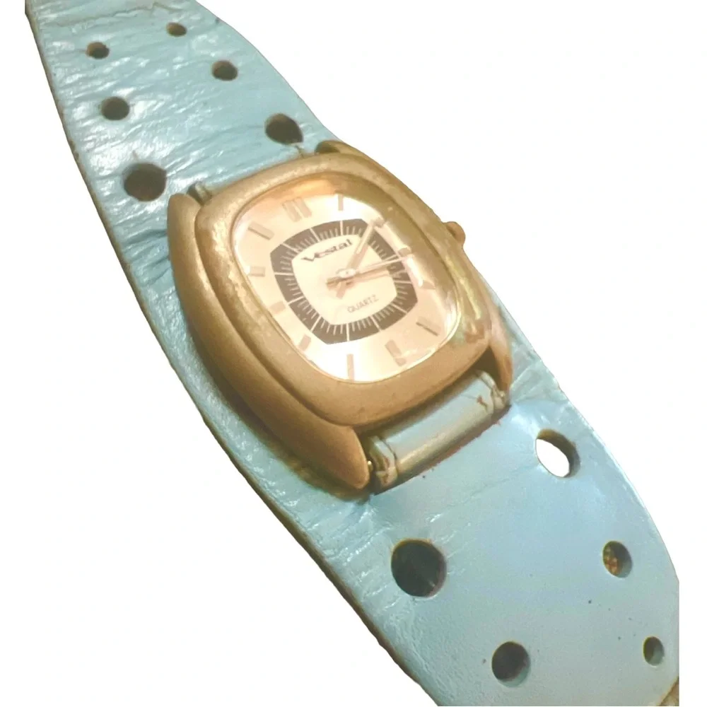 Y2K Vintage Vestal Quartz Leather Watch with Grommets, , Baby Blue